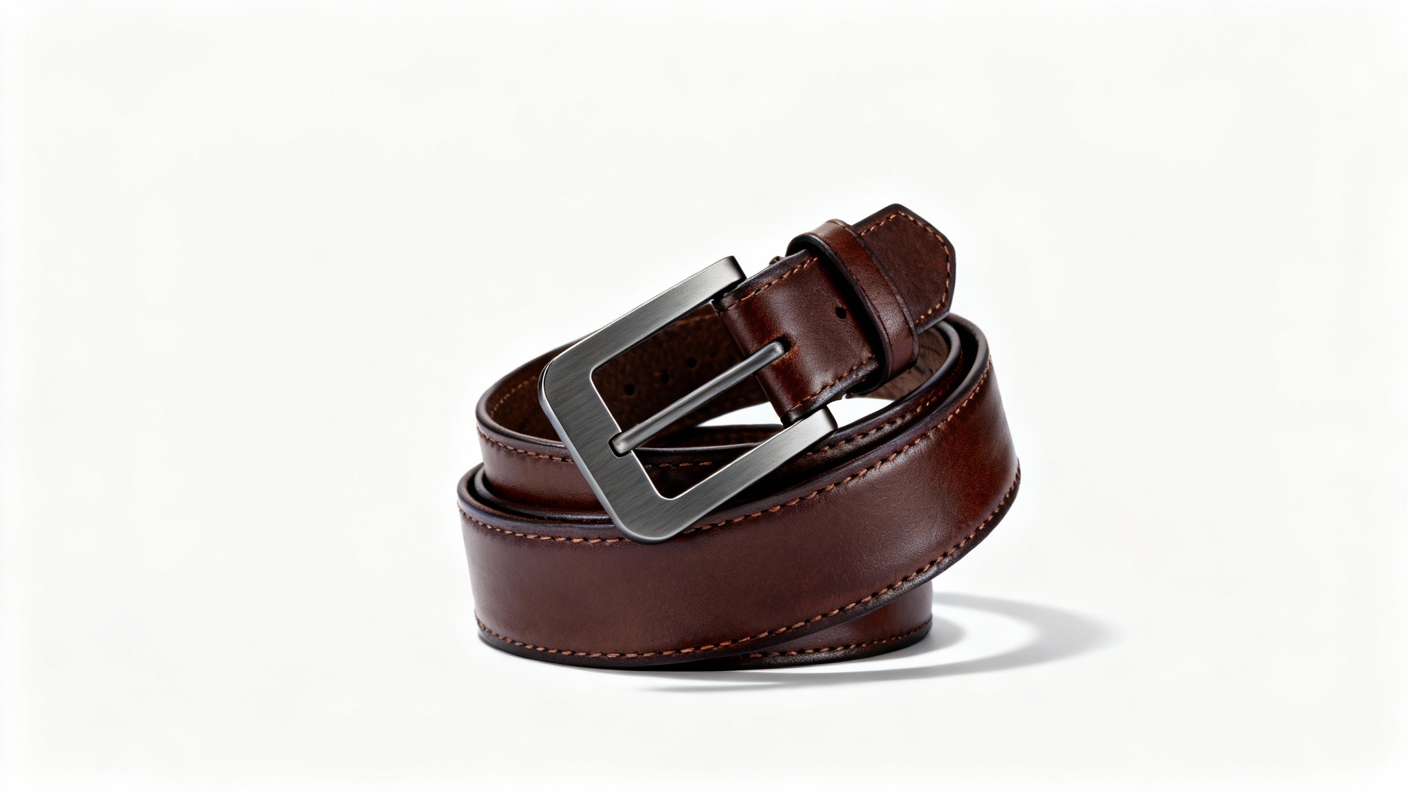 A professional product mockup of a high-quality brown leather belt with a modern gunmetal buckle, coiled elegantly on a clean white background.