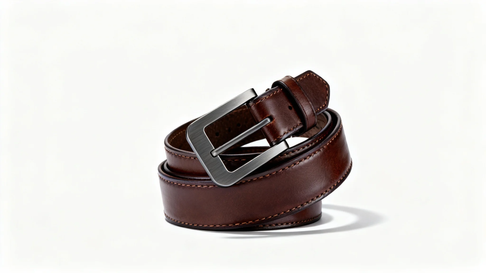 A professional product mockup of a high-quality brown leather belt with a modern gunmetal buckle, coiled elegantly on a clean white background.