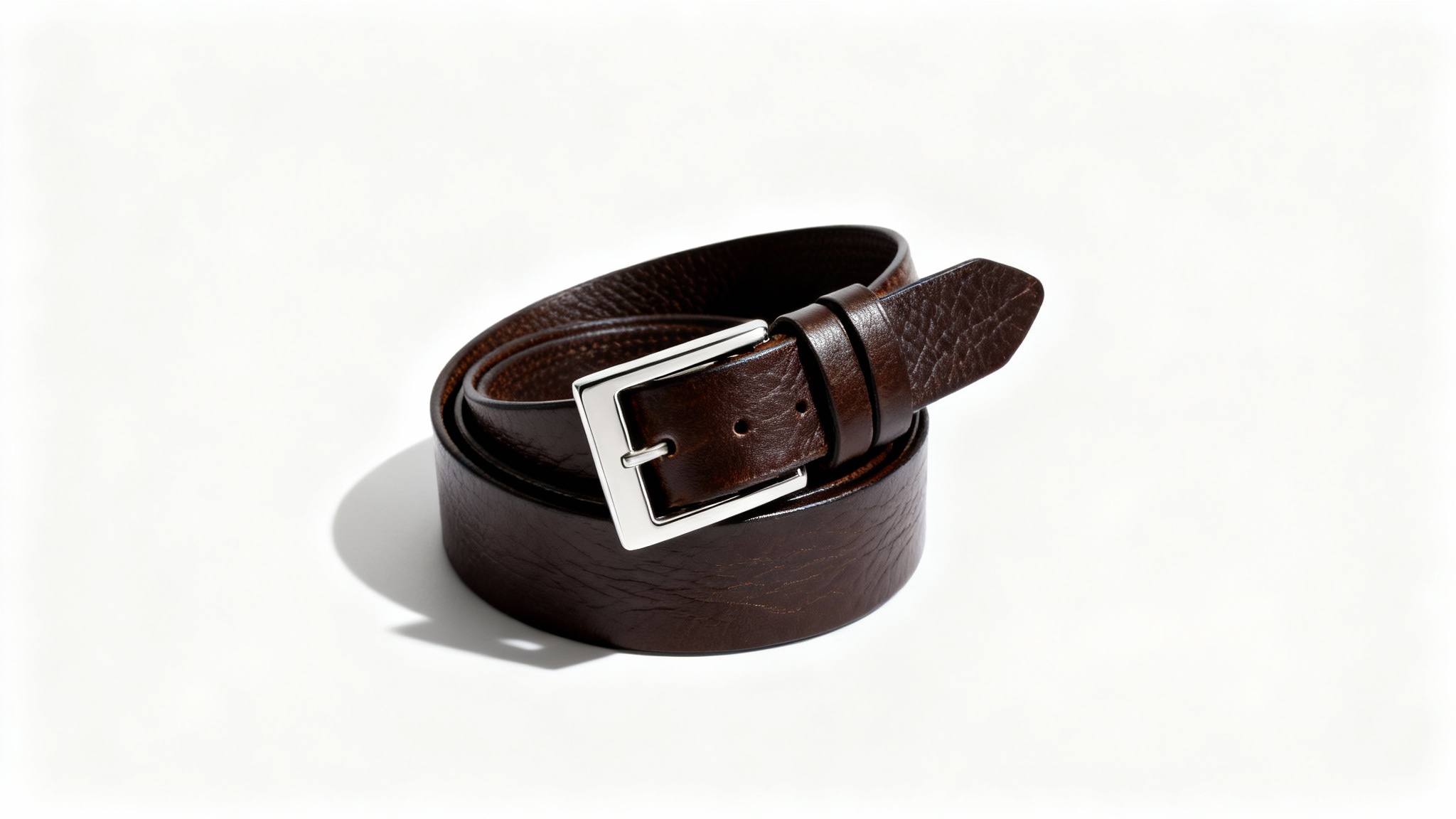 A high-quality dark brown leather belt with a polished silver buckle, coiled elegantly on a clean white background in a product mockup style.
