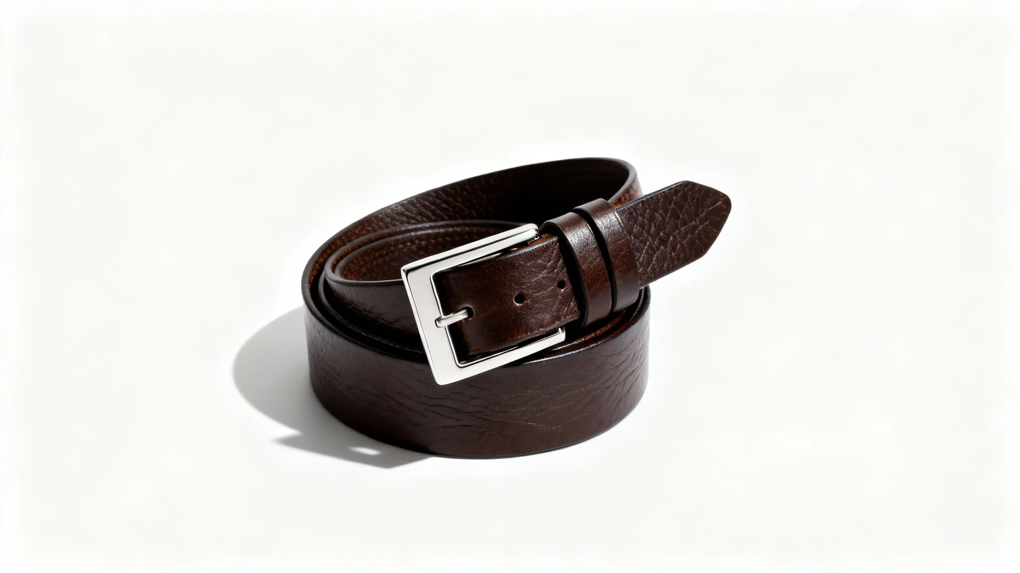 A high-quality dark brown leather belt with a polished silver buckle, coiled elegantly on a clean white background in a product mockup style.