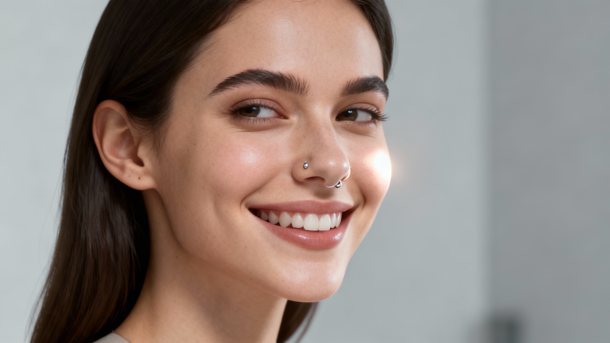A high-quality photo of a woman's face showing the result of a realistic nose piercing filter, with a small silver stud perfectly placed on her nostril.