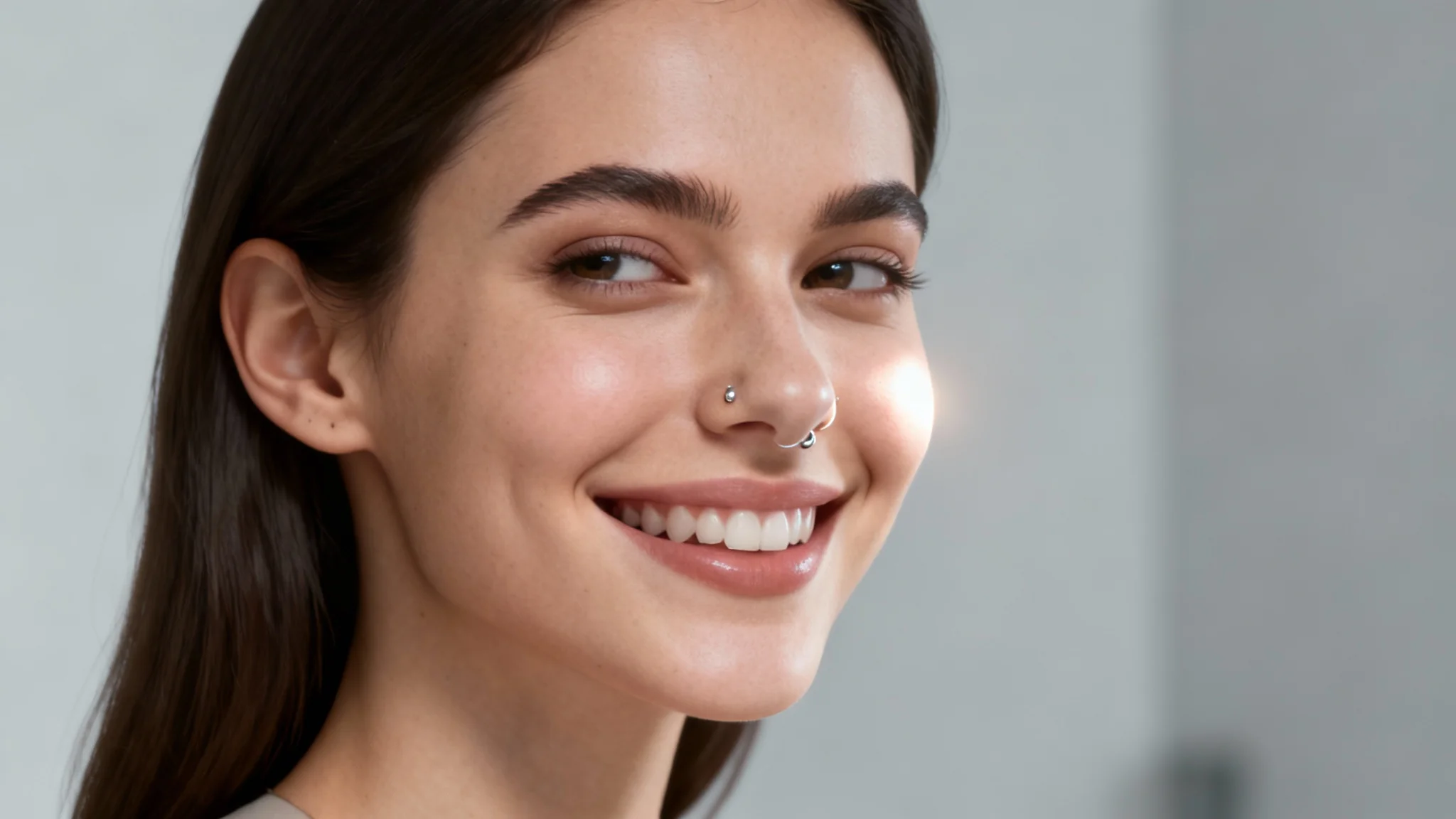 A high-quality photo of a woman's face showing the result of a realistic nose piercing filter, with a small silver stud perfectly placed on her nostril.
