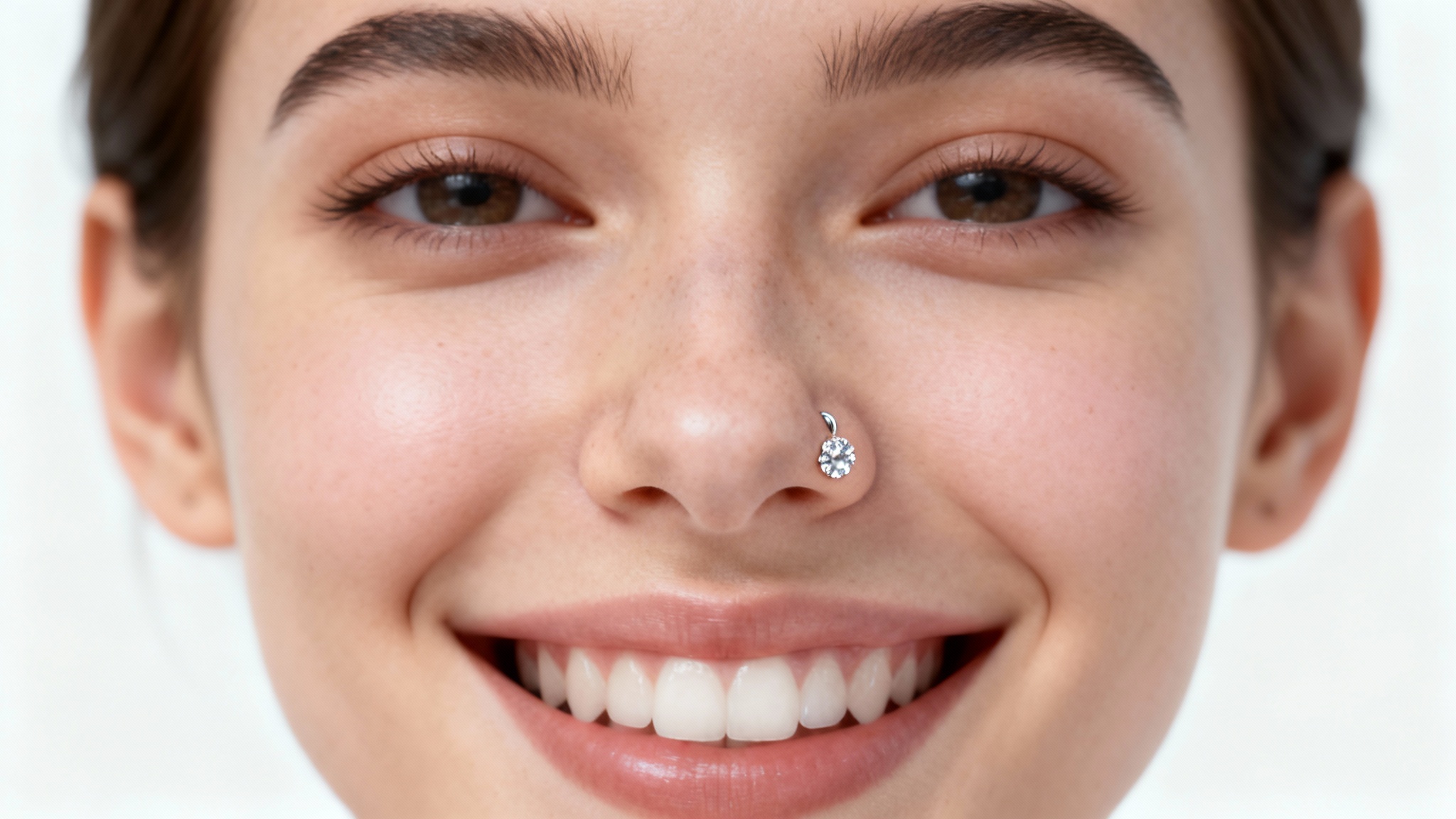 A close-up photorealistic mockup of a smiling woman trying on a virtual nose piercing filter, showcasing a delicate silver stud on her nose against a solid white background.
