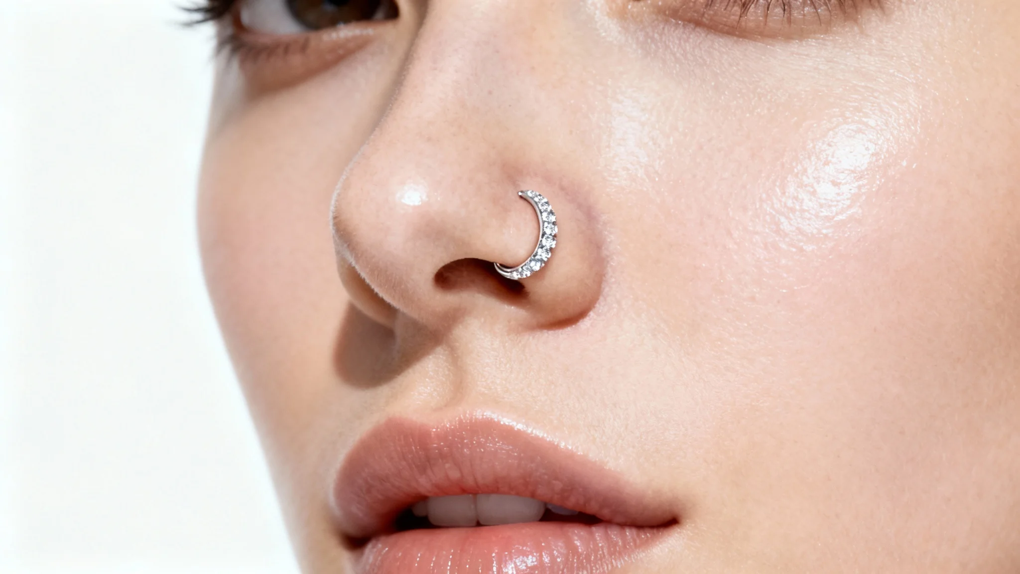 A hyper-realistic close-up of a woman's nose, showcasing a digitally applied silver hoop piercing filter, set against a clean white background.