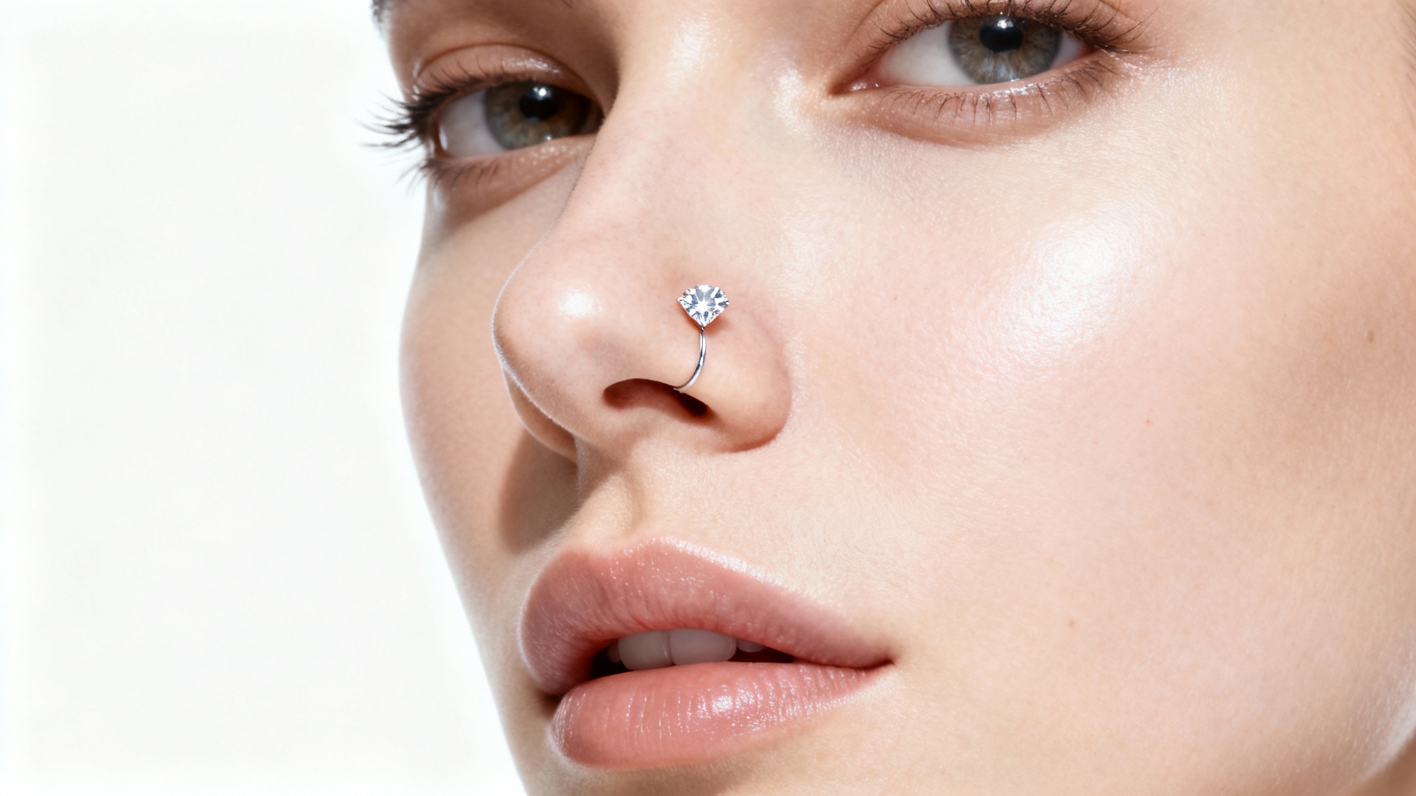 A close-up photo of a person's nose with a digitally-applied, realistic-looking diamond stud piercing filter, set against a solid white background.