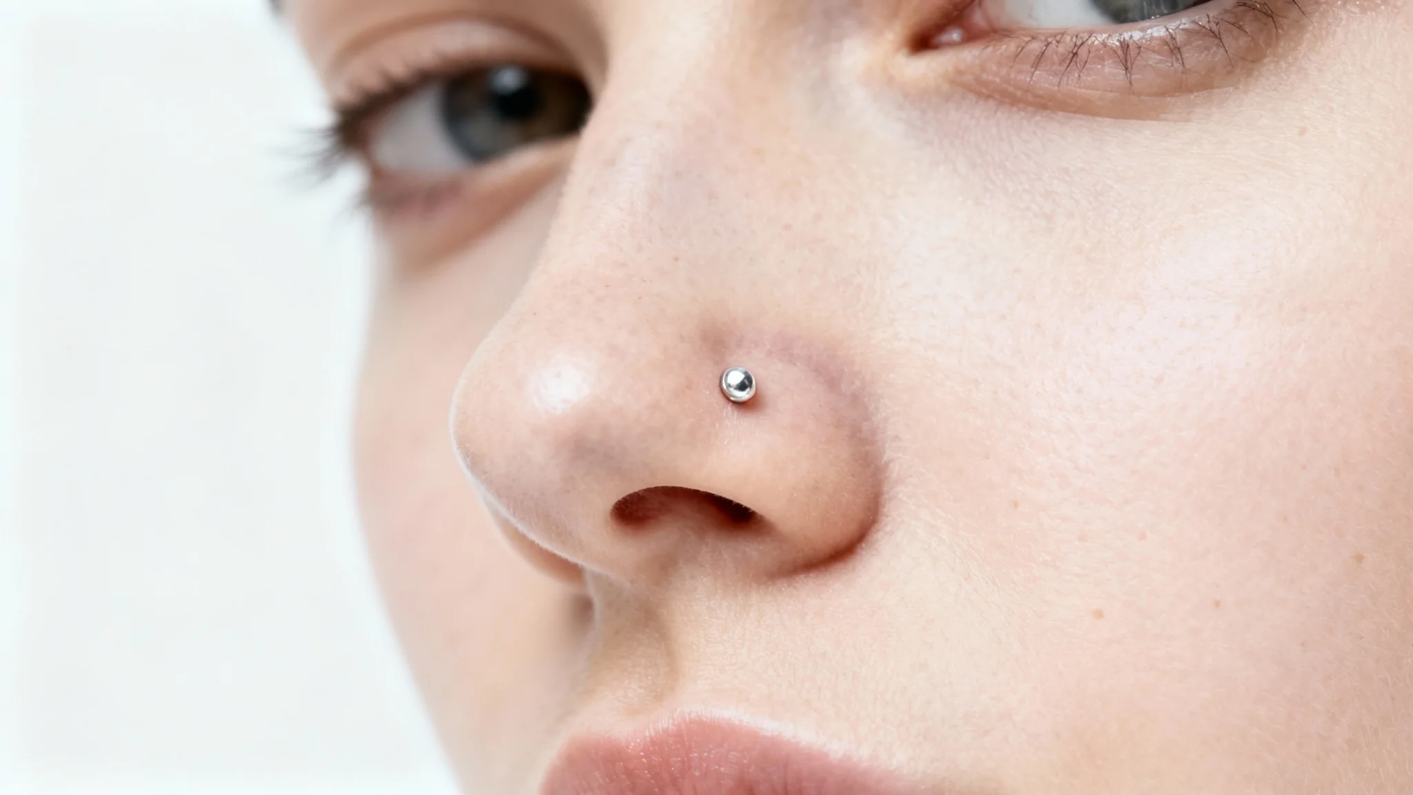A close-up beauty shot of a person's nose, showcasing a realistic-looking silver stud piercing, demonstrating a nose piercing filter effect against a clean white background.