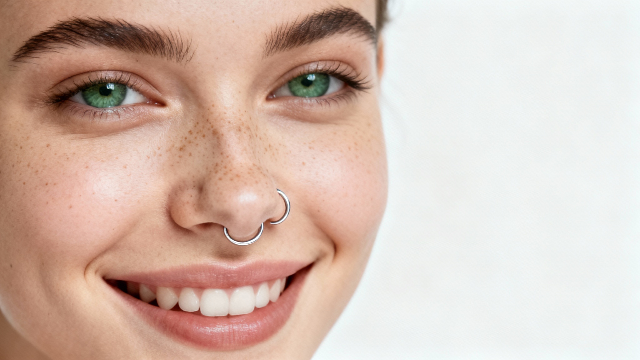 A hyperrealistic close-up photo of a woman's happy face, showing off a delicate digital silver hoop nose piercing against a plain white background.