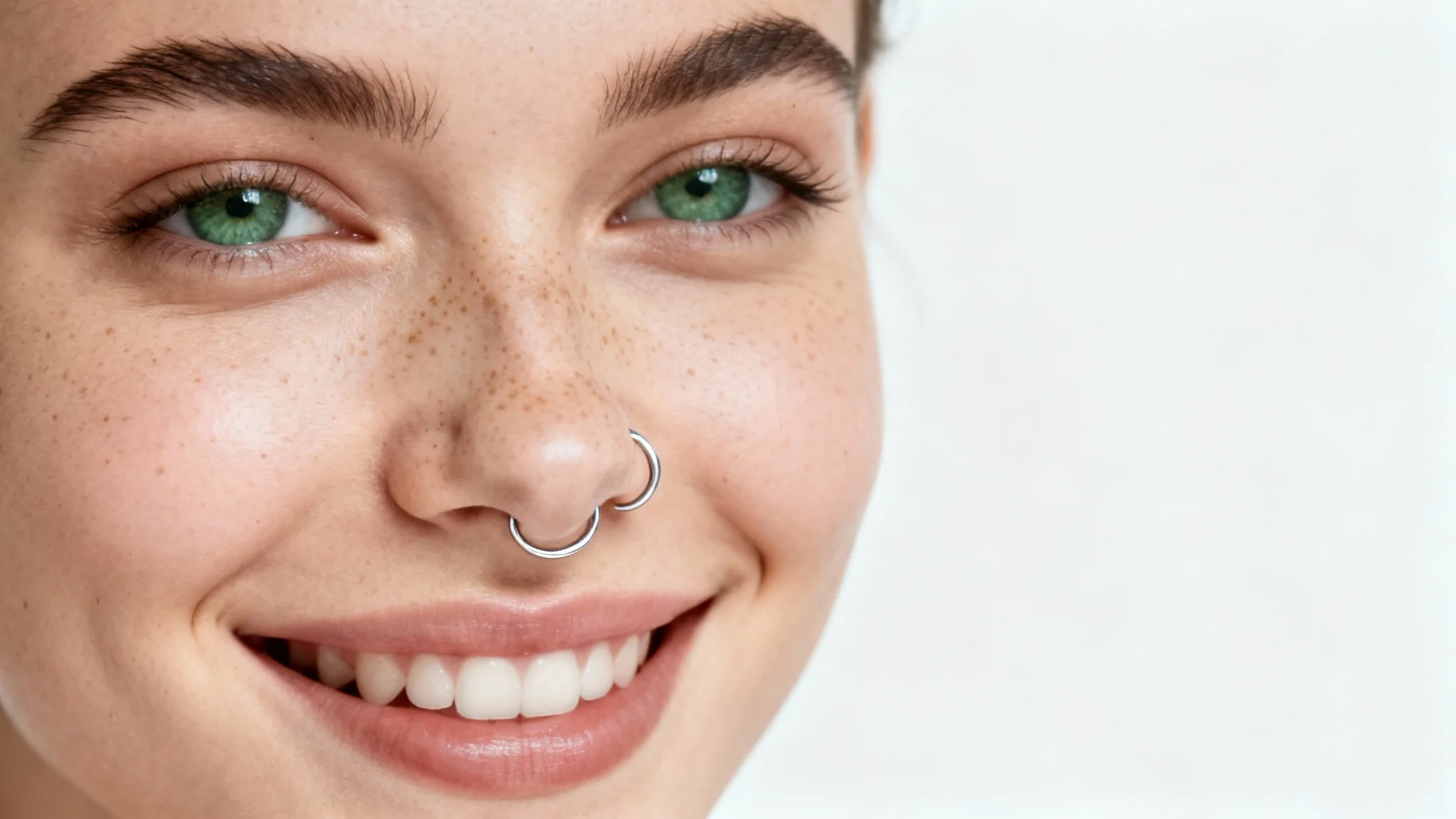 A hyperrealistic close-up photo of a woman's happy face, showing off a delicate digital silver hoop nose piercing against a plain white background.