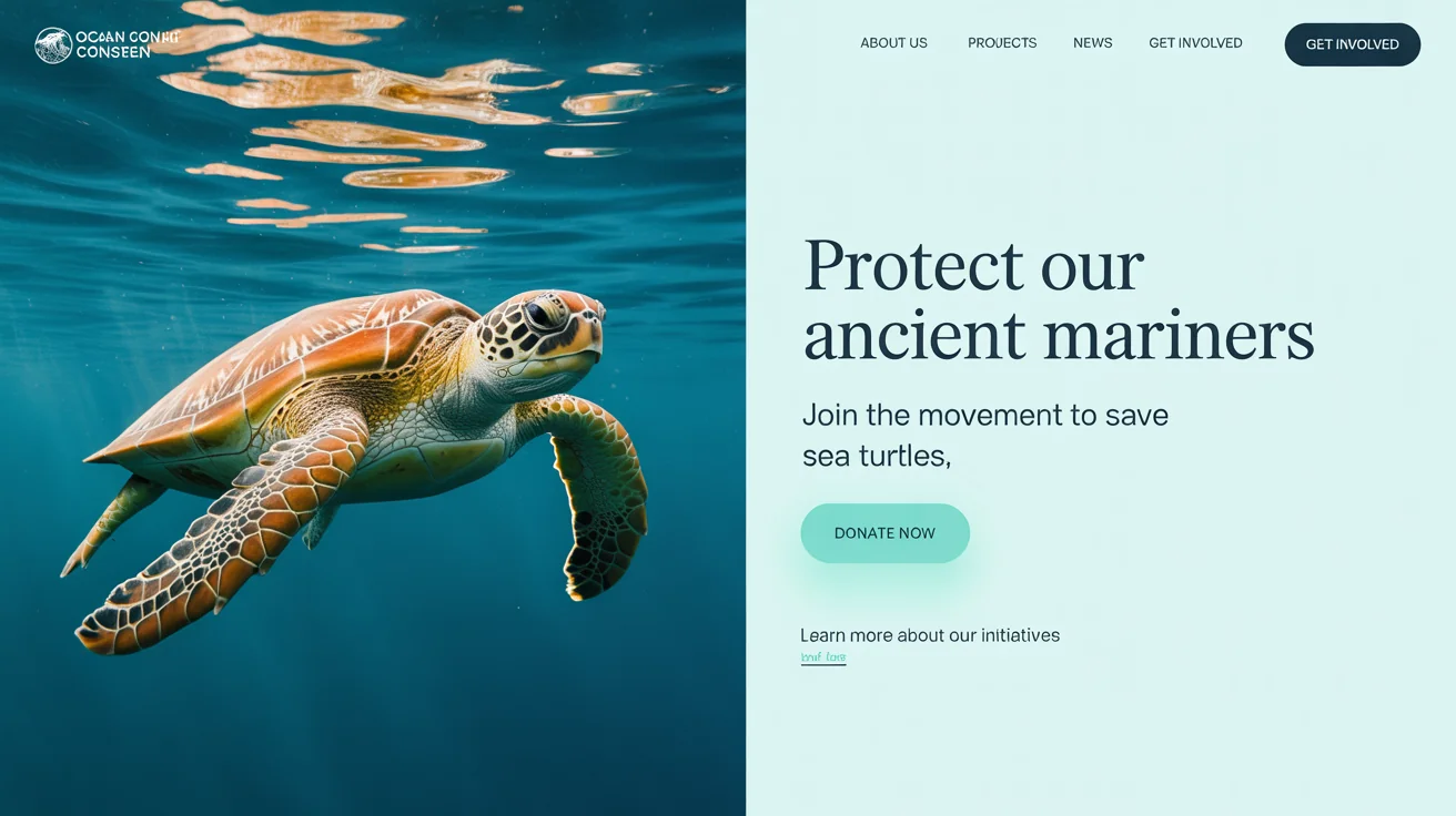 A polished website hero image showing a sea turtle swimming in clear blue water, with text that reads 'Protect Our Ancient Mariners'.