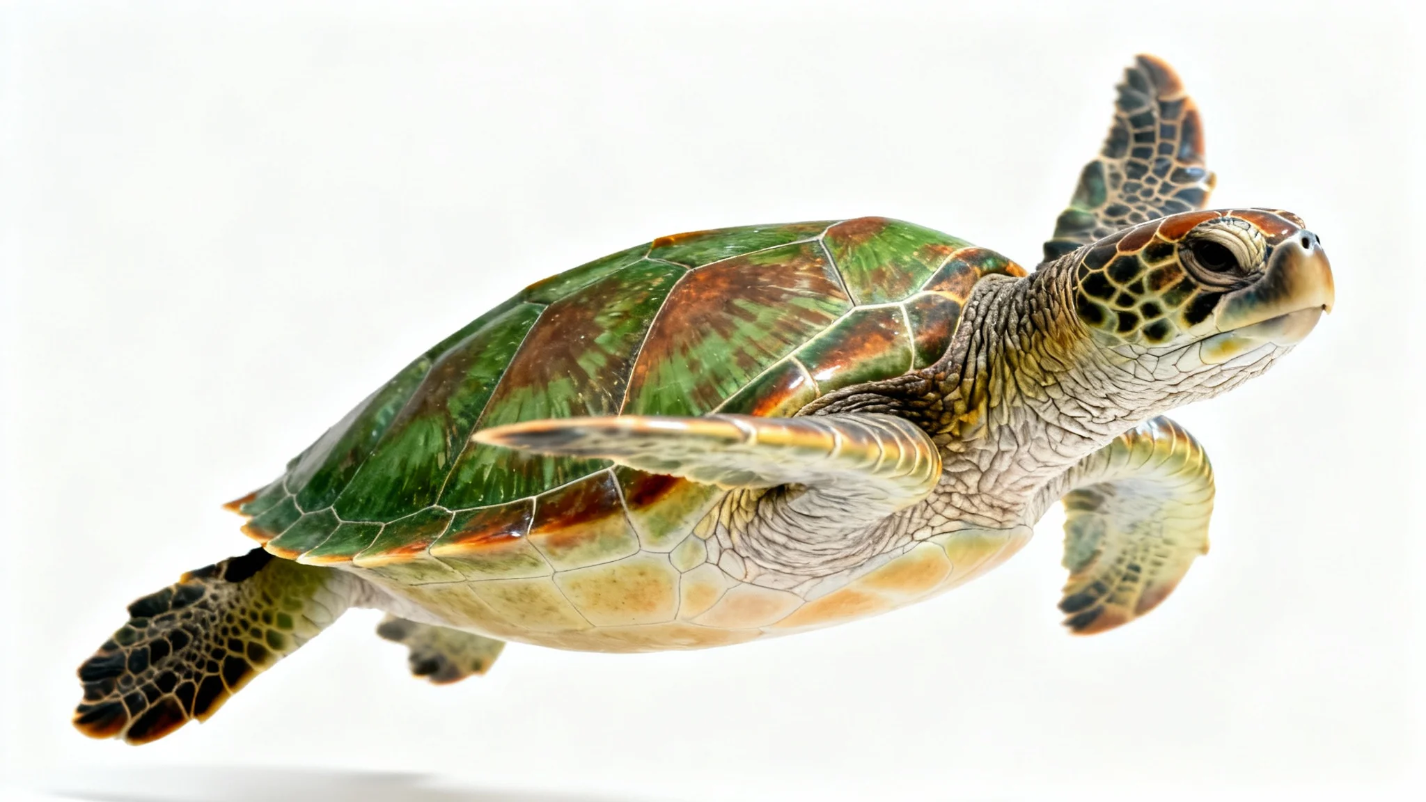 A hyper-realistic studio photograph of a majestic sea turtle swimming gracefully against a clean white background, showcasing the intricate patterns and textures of its shell and skin.