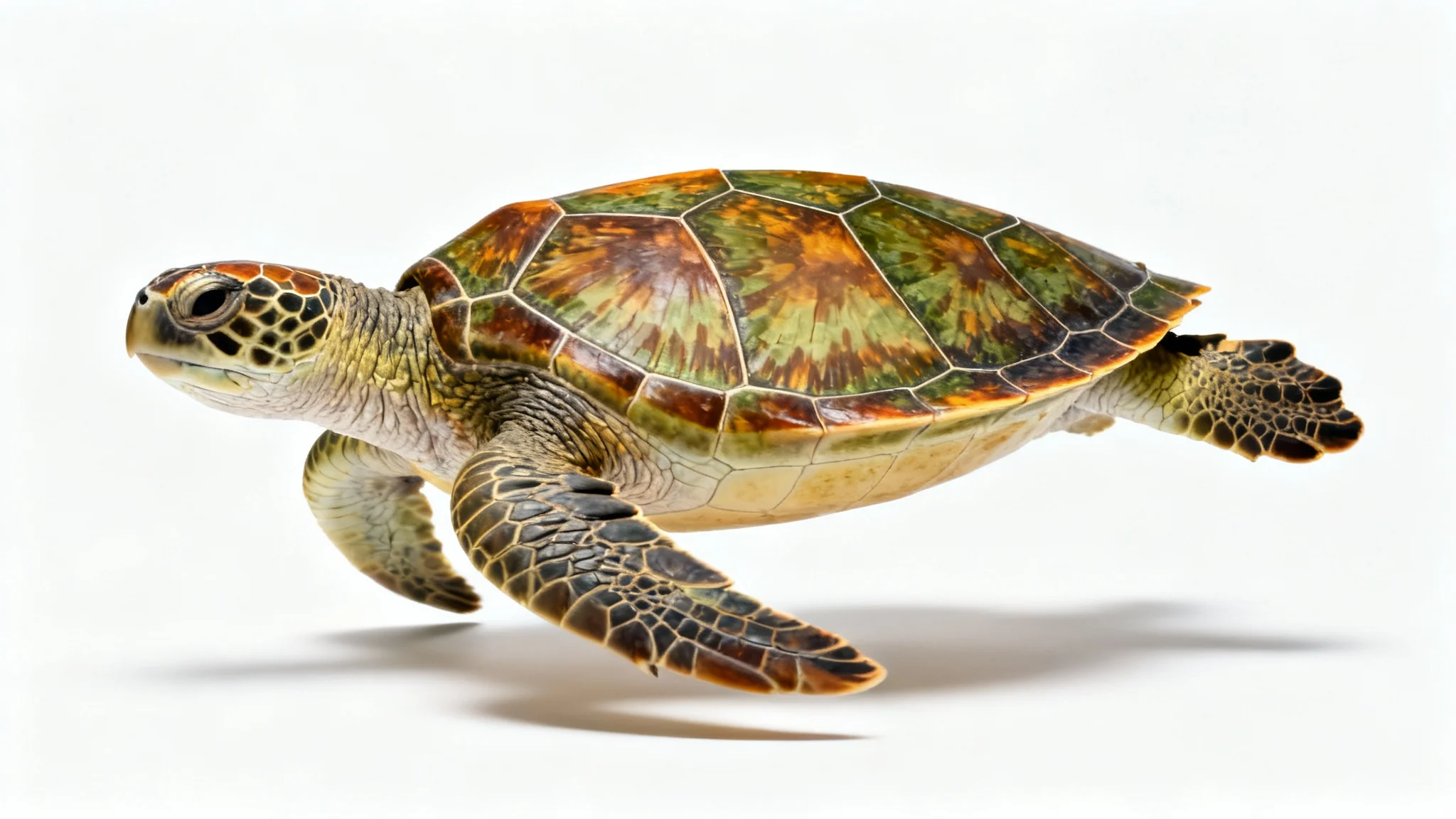 A hyper-realistic, high-detail studio photograph of a majestic sea turtle captured mid-swim against a clean white background.
