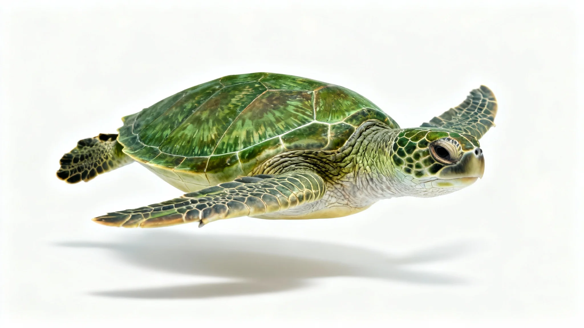 A photorealistic mockup image of a green sea turtle, captured in a swimming pose and isolated against a plain white background.