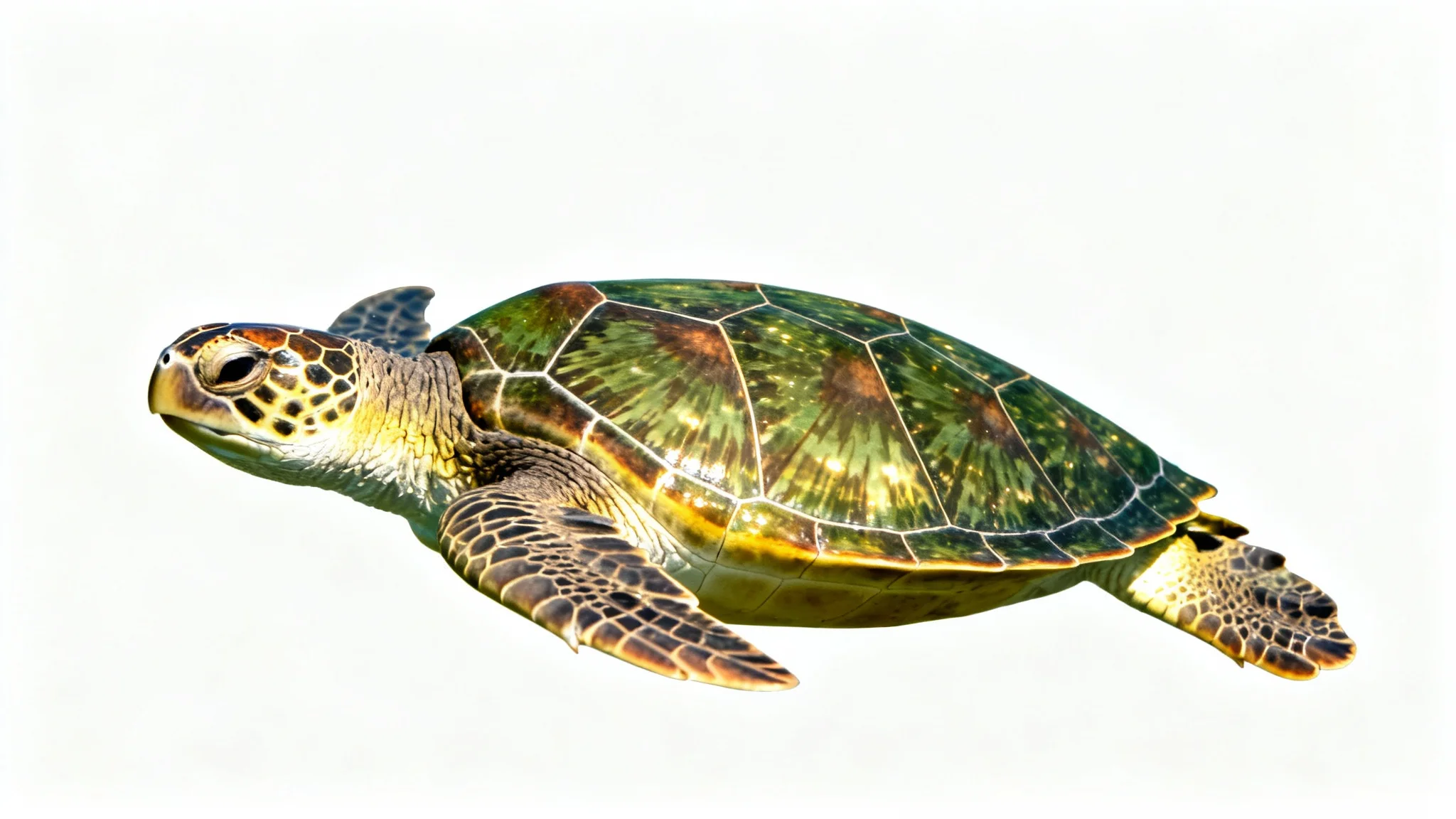 A photorealistic image of a majestic sea turtle in a swimming pose, isolated against a plain white background, highlighting the intricate details of its shell and skin.