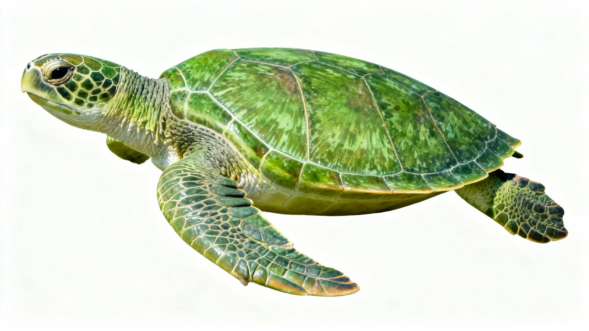 A photorealistic image of a green sea turtle swimming gracefully against a solid white background, highlighting the detailed patterns on its shell.