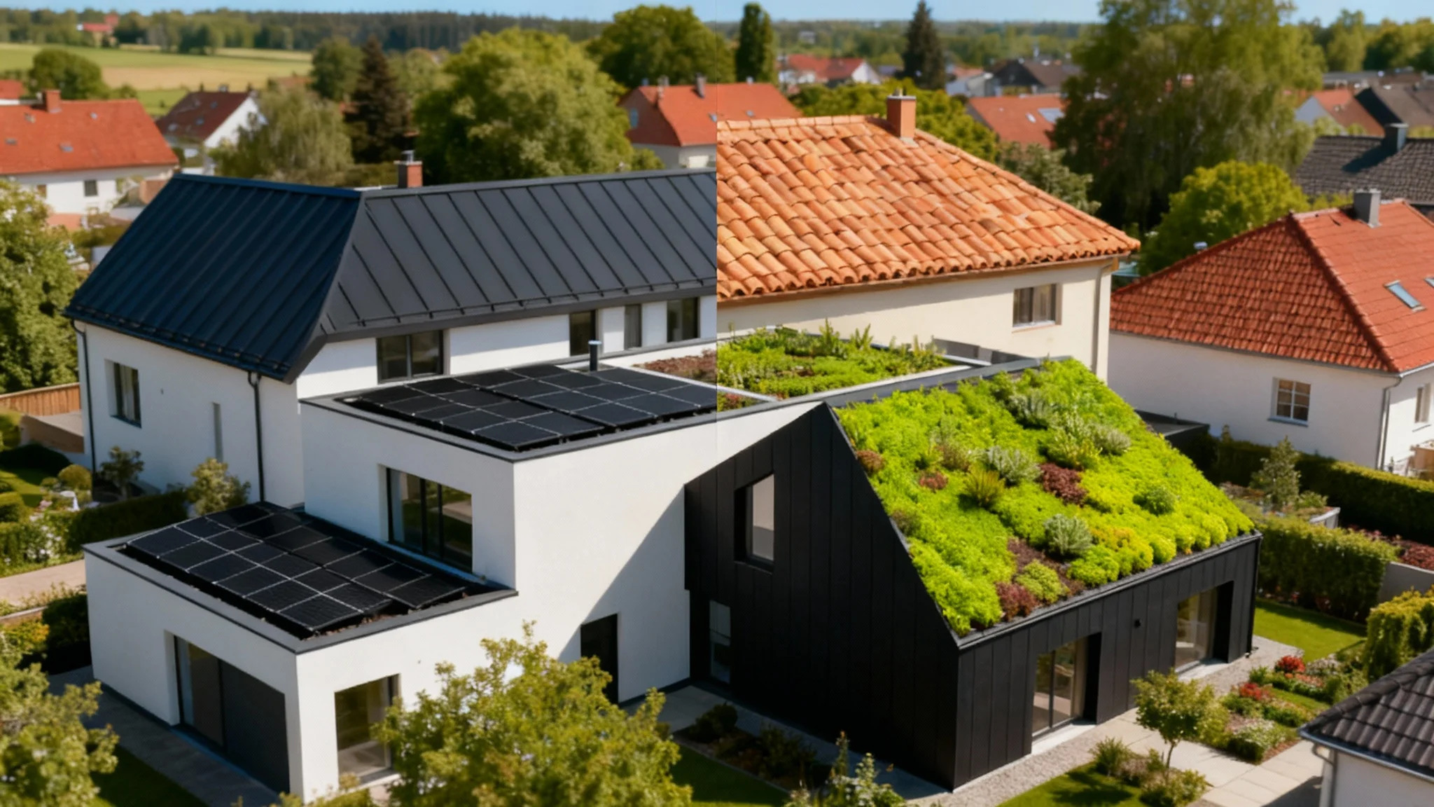 A polished presentation from a roof design tool showing a single modern house with its roof digitally split into four sections, each displaying a different style: dark metal, Spanish tile, solar panels, and a green roof.