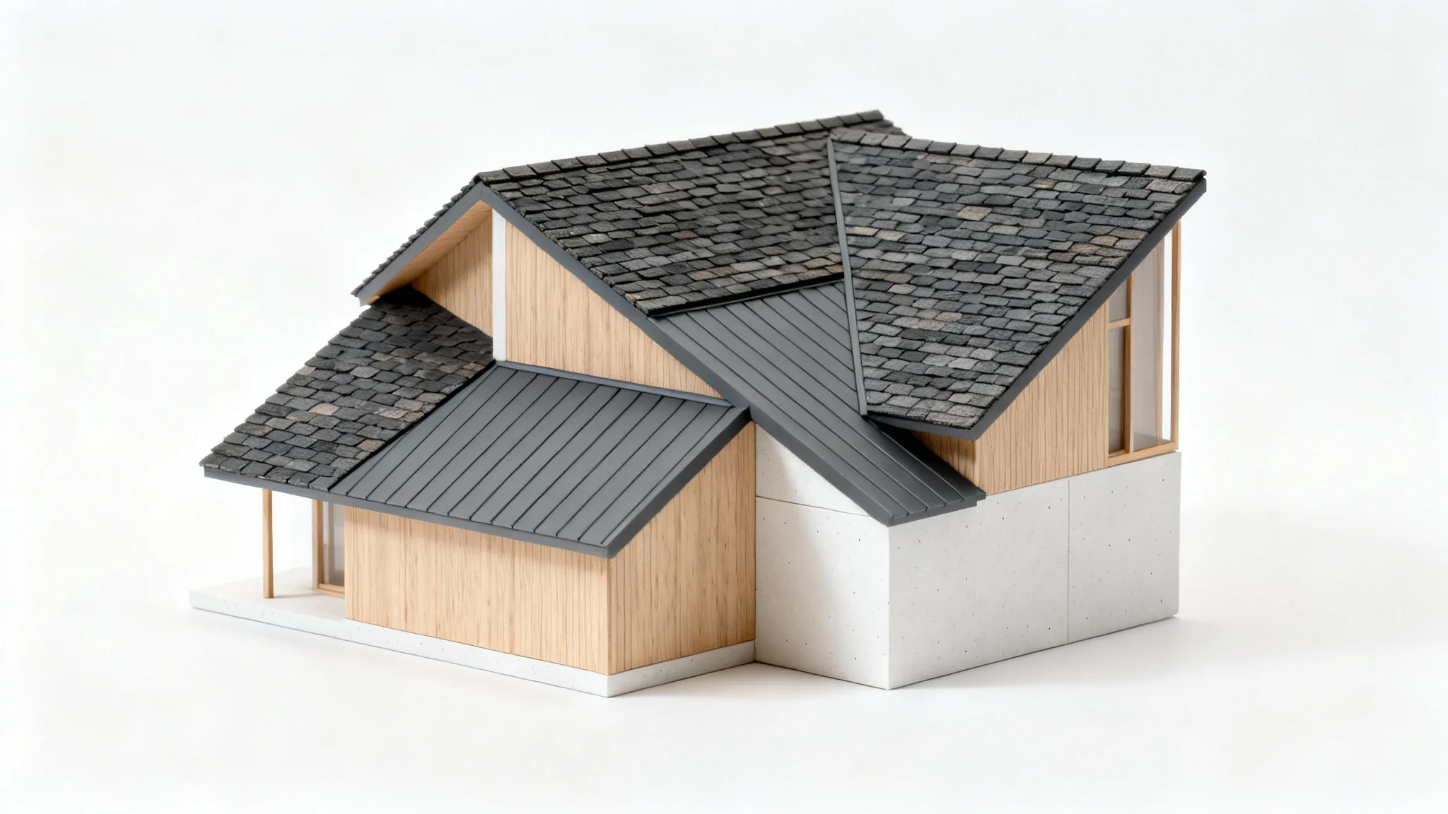 A photorealistic model of a modern house with a complex, multi-angled roof made of dark slate and metal, showcased against a stark white background.