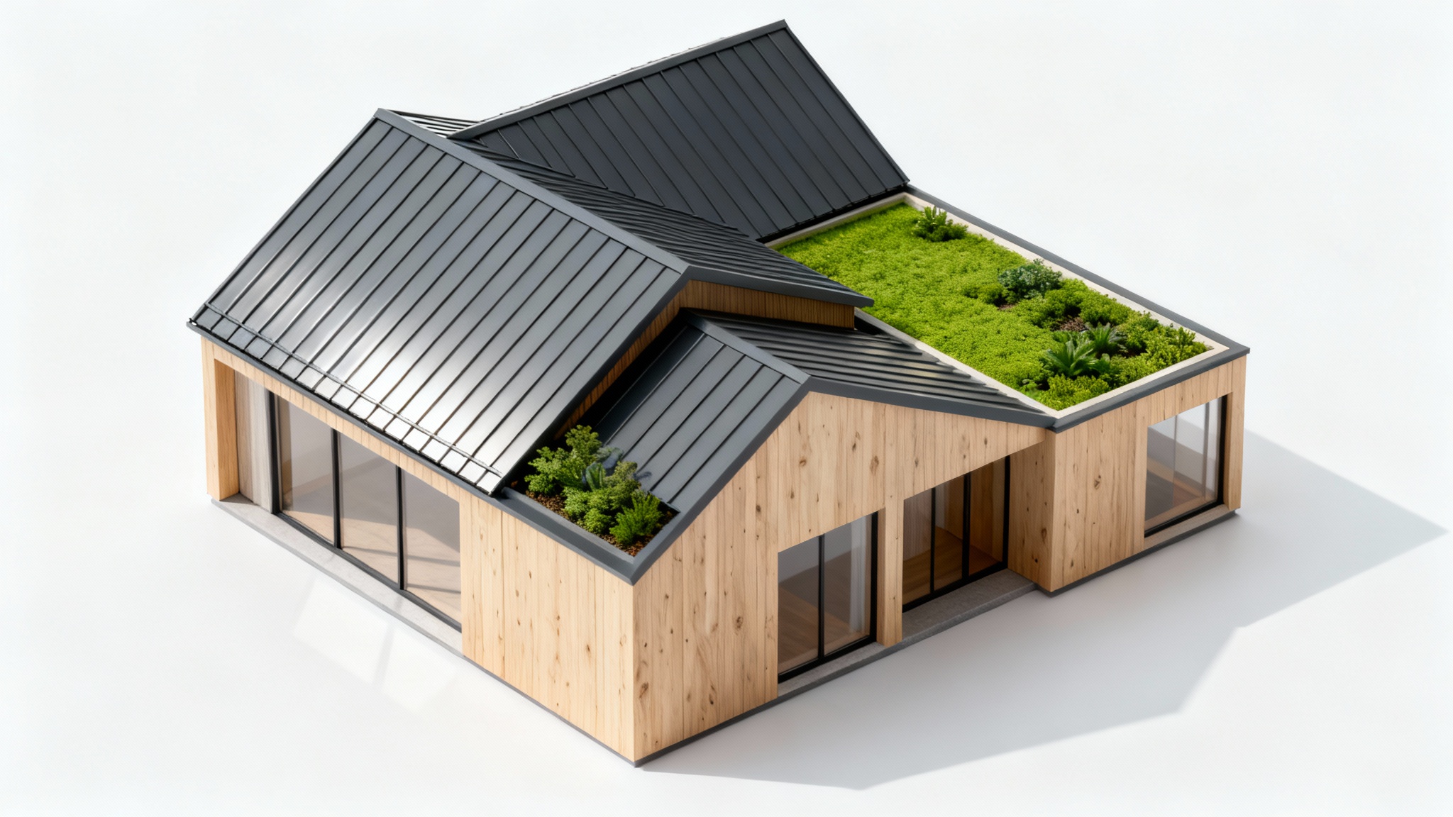 A detailed architectural model of a modern house, highlighting its intricate roof design with metal and green roof sections, set against a stark white background.