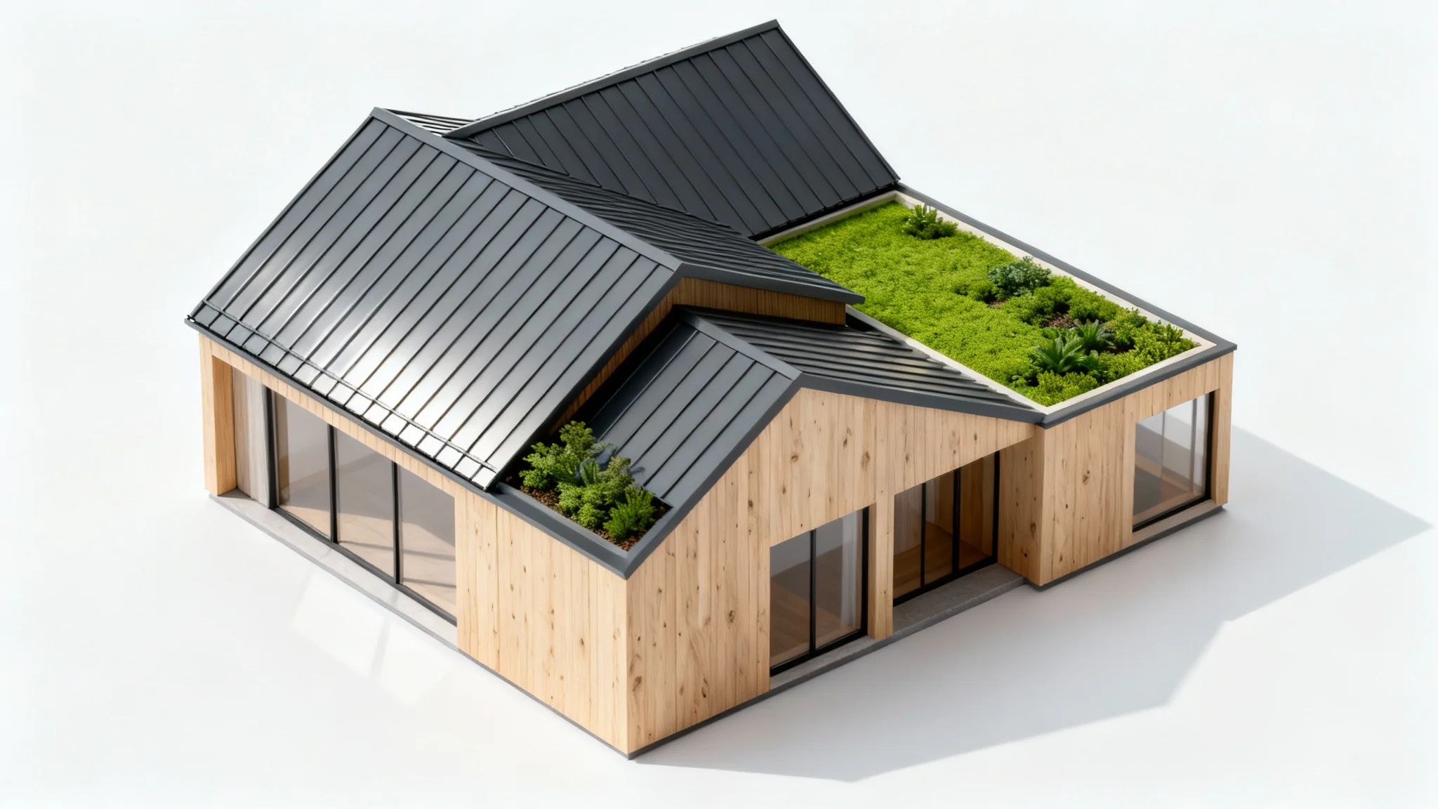 A detailed architectural model of a modern house, highlighting its intricate roof design with metal and green roof sections, set against a stark white background.