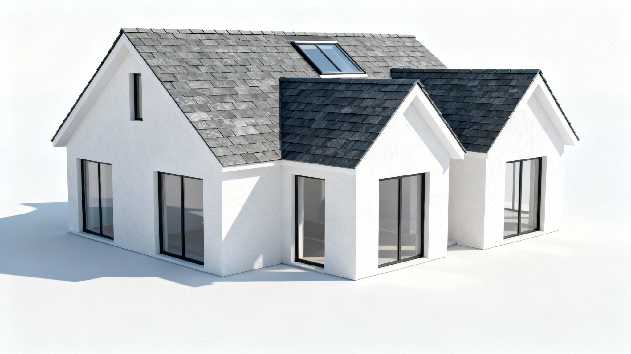 An architectural rendering of a modern house with a complex dark grey slate tile roof, presented against a clean white background to highlight the roof design.
