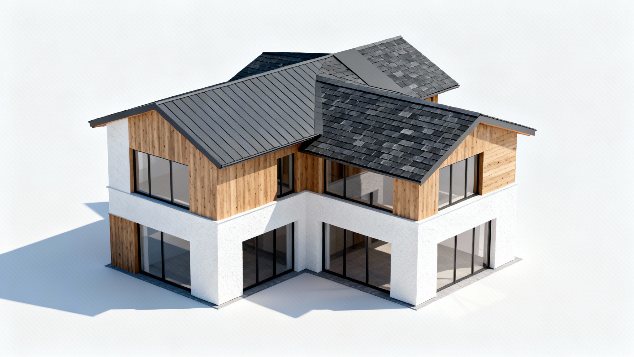 Architectural rendering of a modern house with a complex, multi-material dark gray roof, isolated against a plain white background to showcase its design.