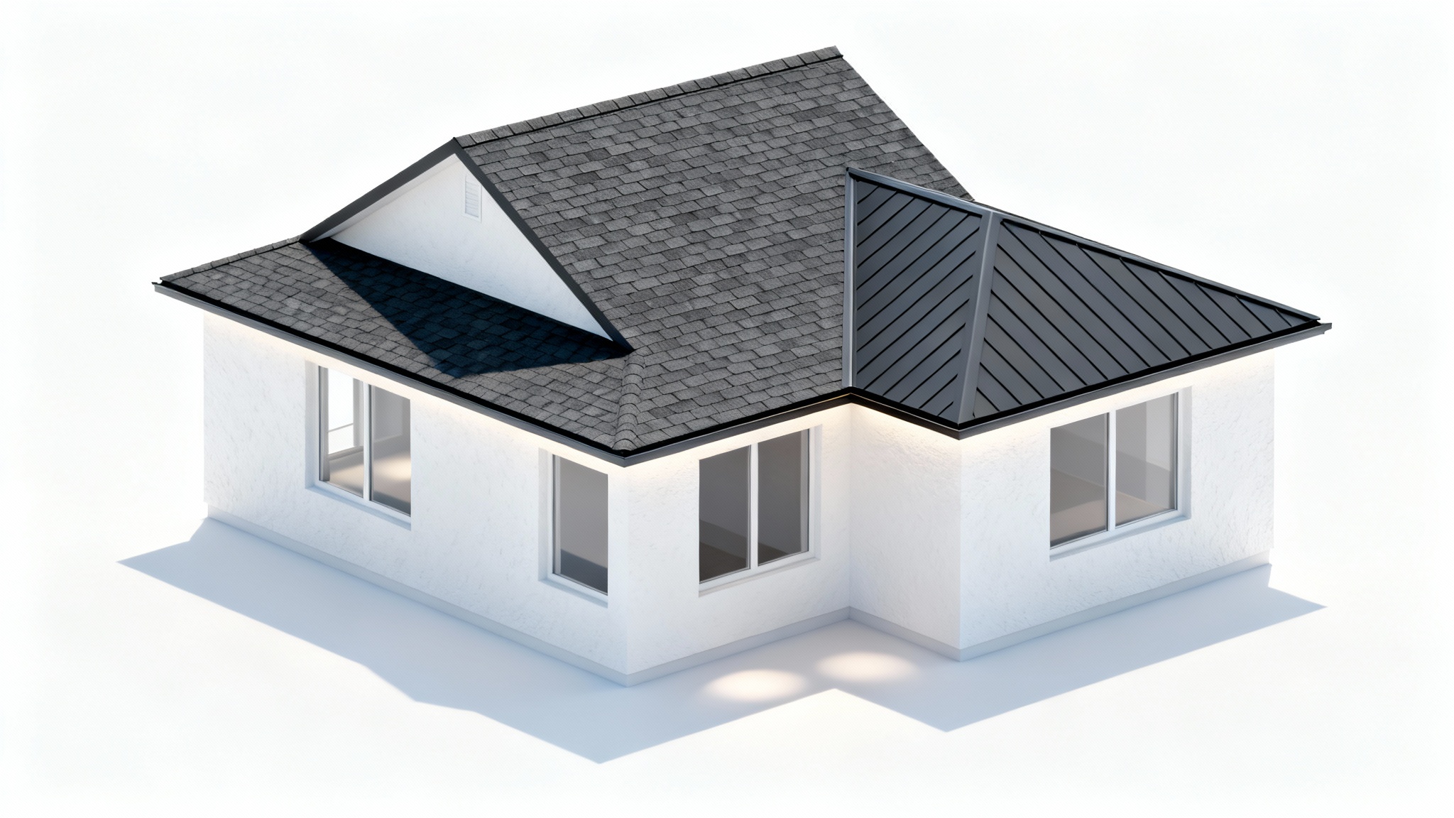 Architectural rendering of a modern house with a complex, stylish roof combining dark shingles and metal, isolated on a white background.