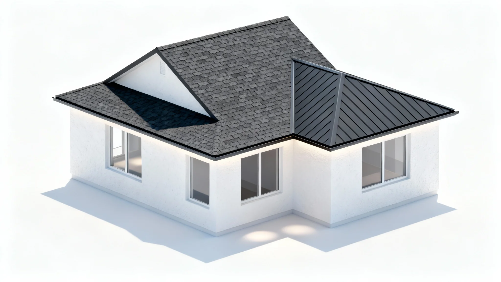 Architectural rendering of a modern house with a complex, stylish roof combining dark shingles and metal, isolated on a white background.
