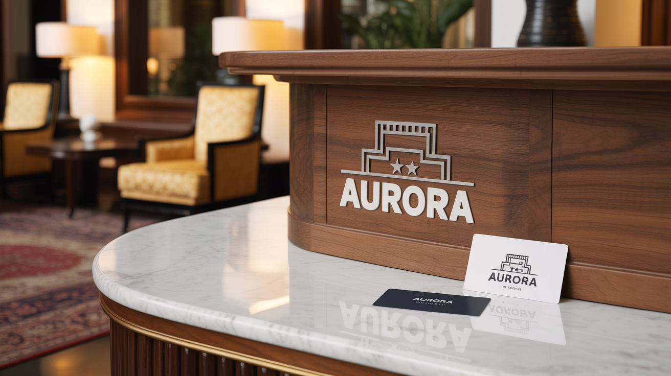 A photorealistic mockup showing a hotel key card and business card for 'Aurora Luxury Stay' on a hotel reception desk, showcasing the final logo design in a real-world setting.