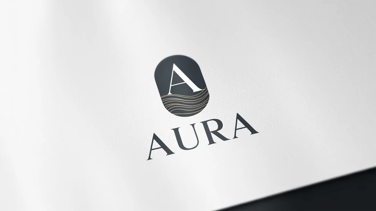 A minimalist logo for a modern hotel called 'AURA', featuring a charcoal gray and gold geometric icon above the hotel name on a clean white background.