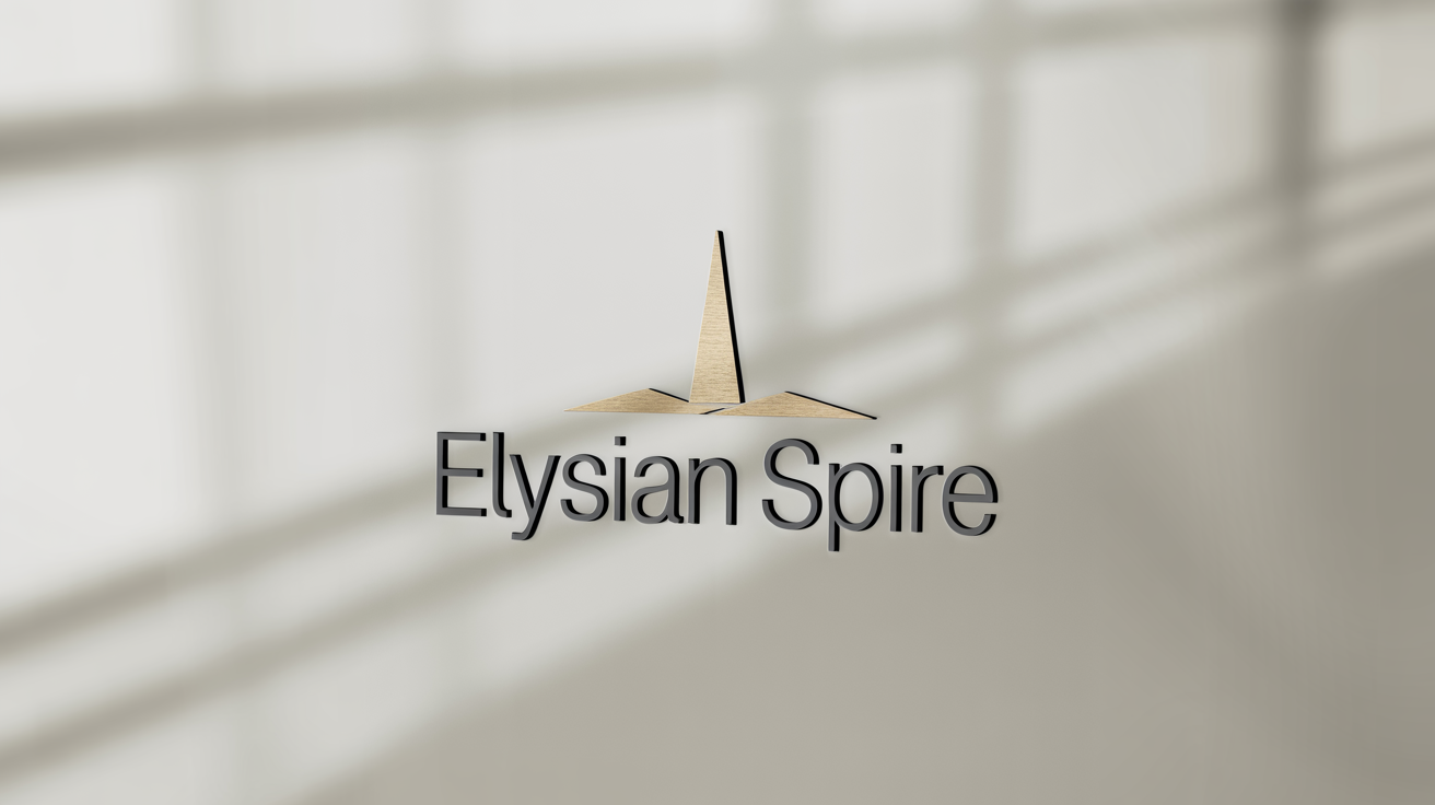 A modern logo for a fictional hotel, 'Elysian Spire', featuring charcoal grey text and a brushed gold geometric spire icon, presented on a clean white background.