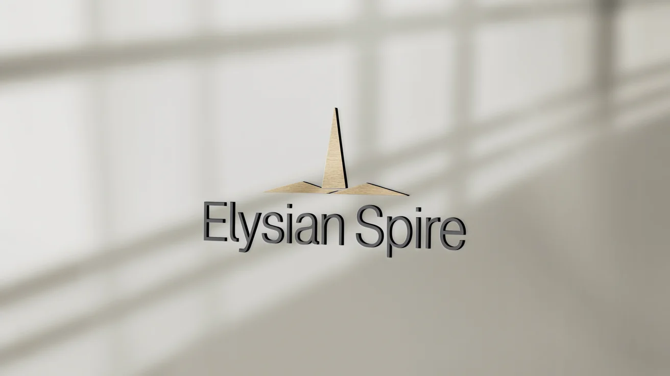 A modern logo for a fictional hotel, 'Elysian Spire', featuring charcoal grey text and a brushed gold geometric spire icon, presented on a clean white background.