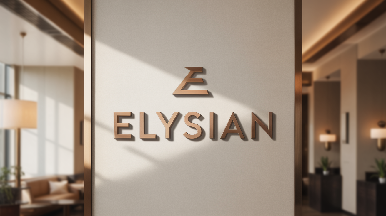 A photorealistic mockup of a modern luxury hotel logo for 'ELYSIAN', featuring brushed bronze lettering and an abstract icon on a clean off-white wall.