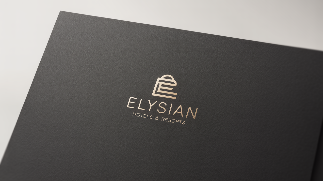 A mockup of a modern and luxurious hotel logo for 'ELYSIAN Hotels & Resorts', featuring a stylized gold 'E' and text embossed on dark charcoal cardstock against a clean white background.