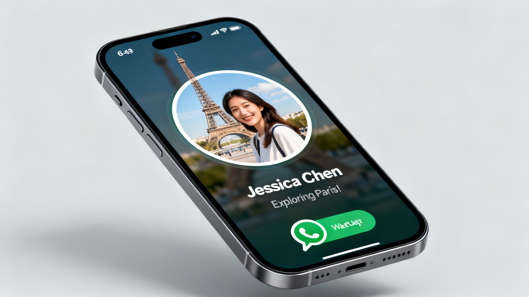 A smartphone screen showing a WhatsApp profile where the circular profile picture contains a full, uncropped photo of a woman at the Eiffel Tower, achieved by adding a blurred background to fill the space.