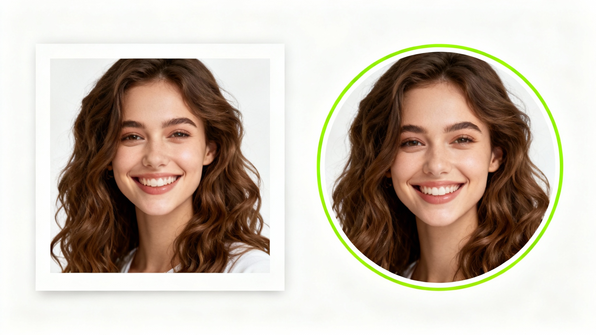 A mockup illustrating photo resizing for a profile picture. A rectangular portrait of a smiling woman is shown next to a circular version of the same photo, perfectly cropped to fit a profile picture frame.