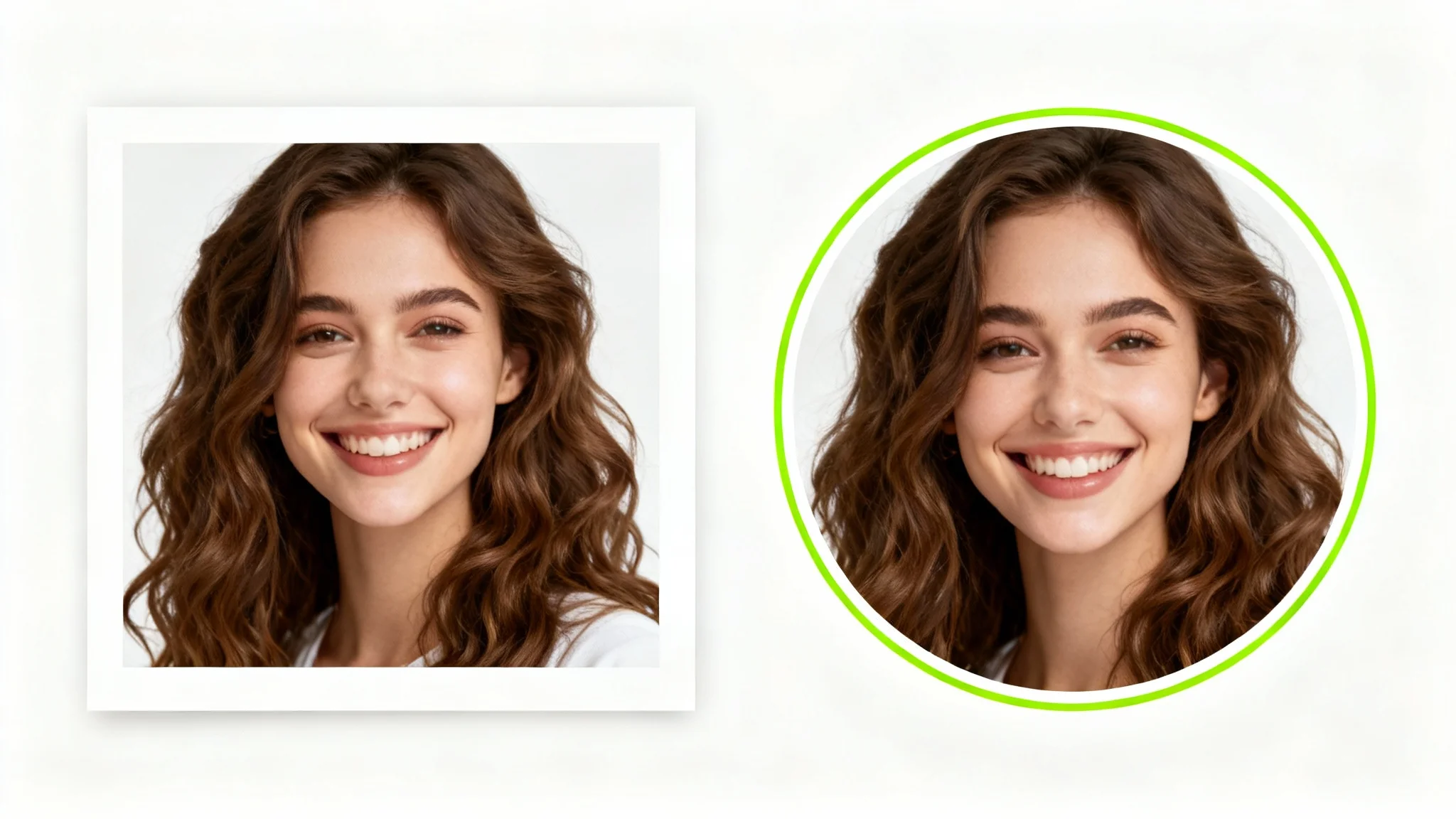 A mockup illustrating photo resizing for a profile picture. A rectangular portrait of a smiling woman is shown next to a circular version of the same photo, perfectly cropped to fit a profile picture frame.