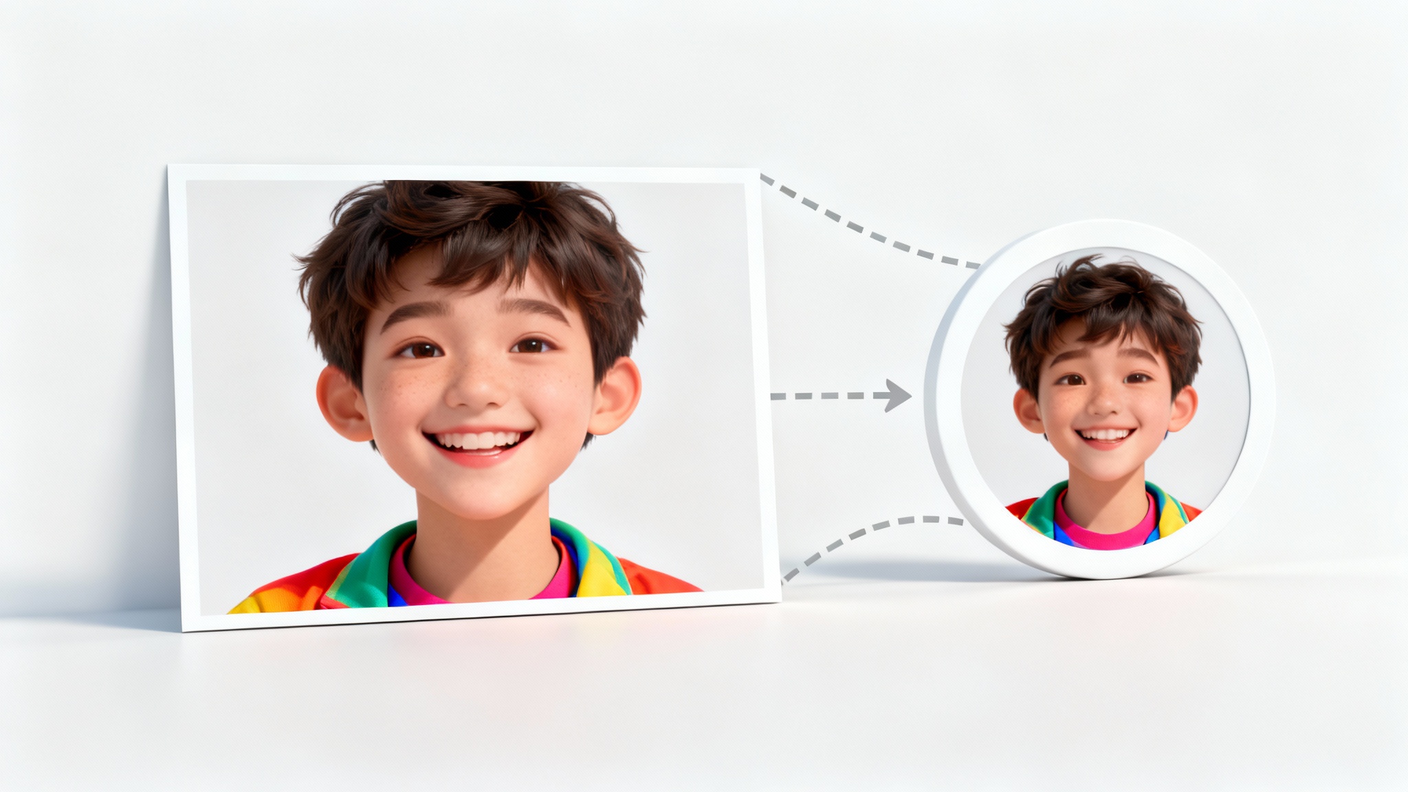 A conceptual illustration showing a rectangular photo being resized to fit a circular profile picture frame.