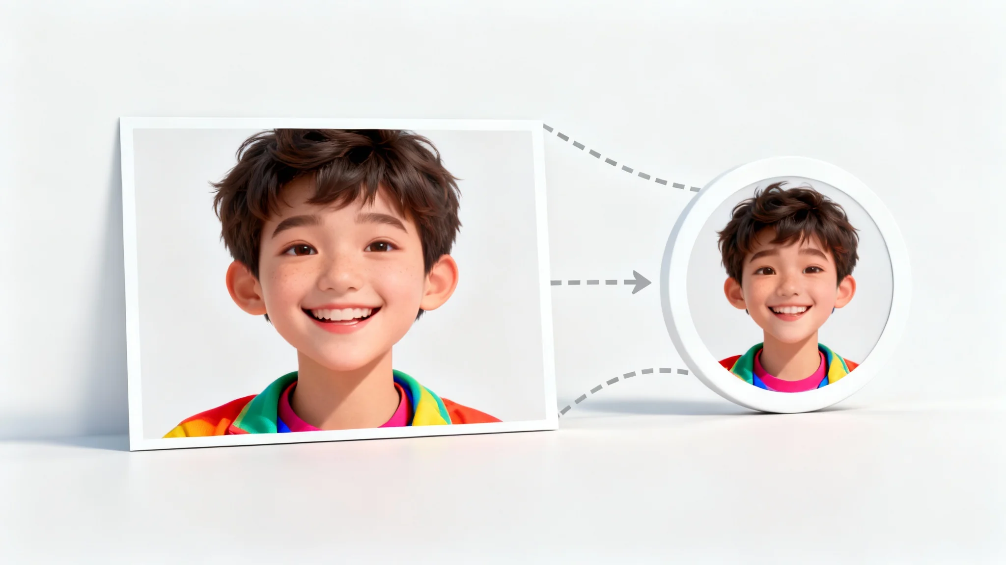 A conceptual illustration showing a rectangular photo being resized to fit a circular profile picture frame.