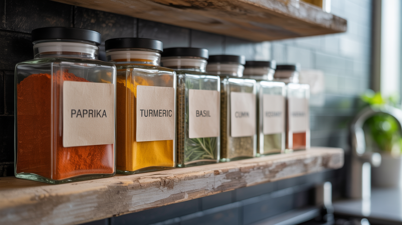 A close-up photograph of several glass spice jars filled with colorful spices, neatly arranged on a wooden kitchen shelf. Each jar features a stylish, modern printable label with the name of the spice clearly written.