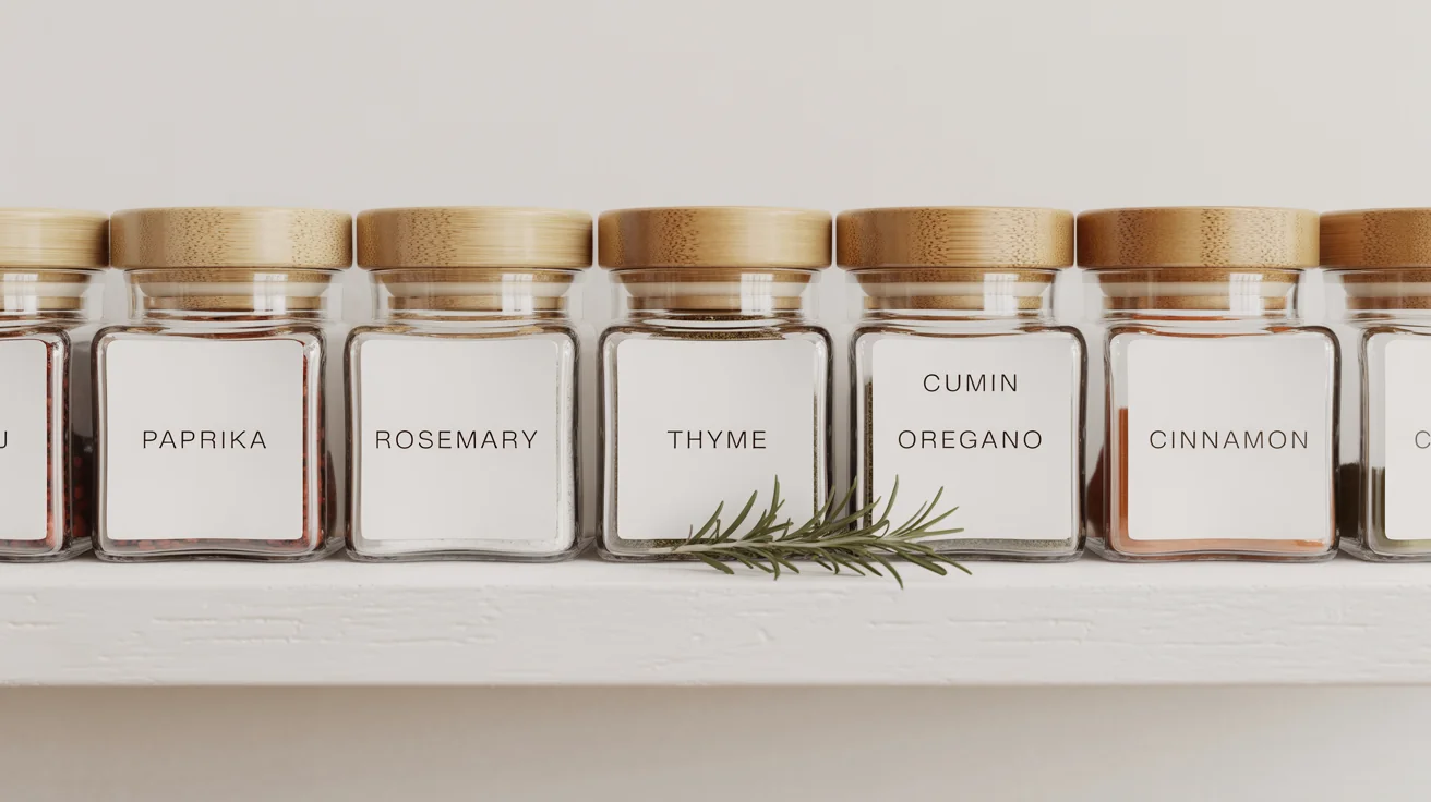 A neat row of matching glass spice jars with bamboo lids, organized on a white shelf. Each jar features a modern white printable label with the name of a spice, such as PAPRIKA and ROSEMARY.