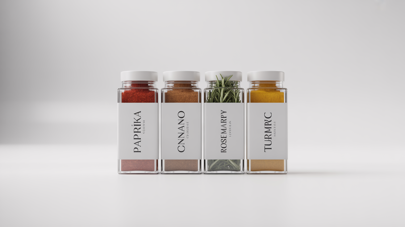 A neat row of four clear glass spice jars with modern white labels reading 'Paprika', 'Cinnamon', 'Rosemary', and 'Turmeric', shown against a clean white background.