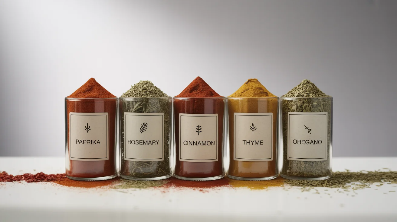 A photorealistic mockup of several glass spice jars with printable minimalist labels reading 'Paprika', 'Rosemary', and 'Cinnamon', neatly arranged against a clean white background.