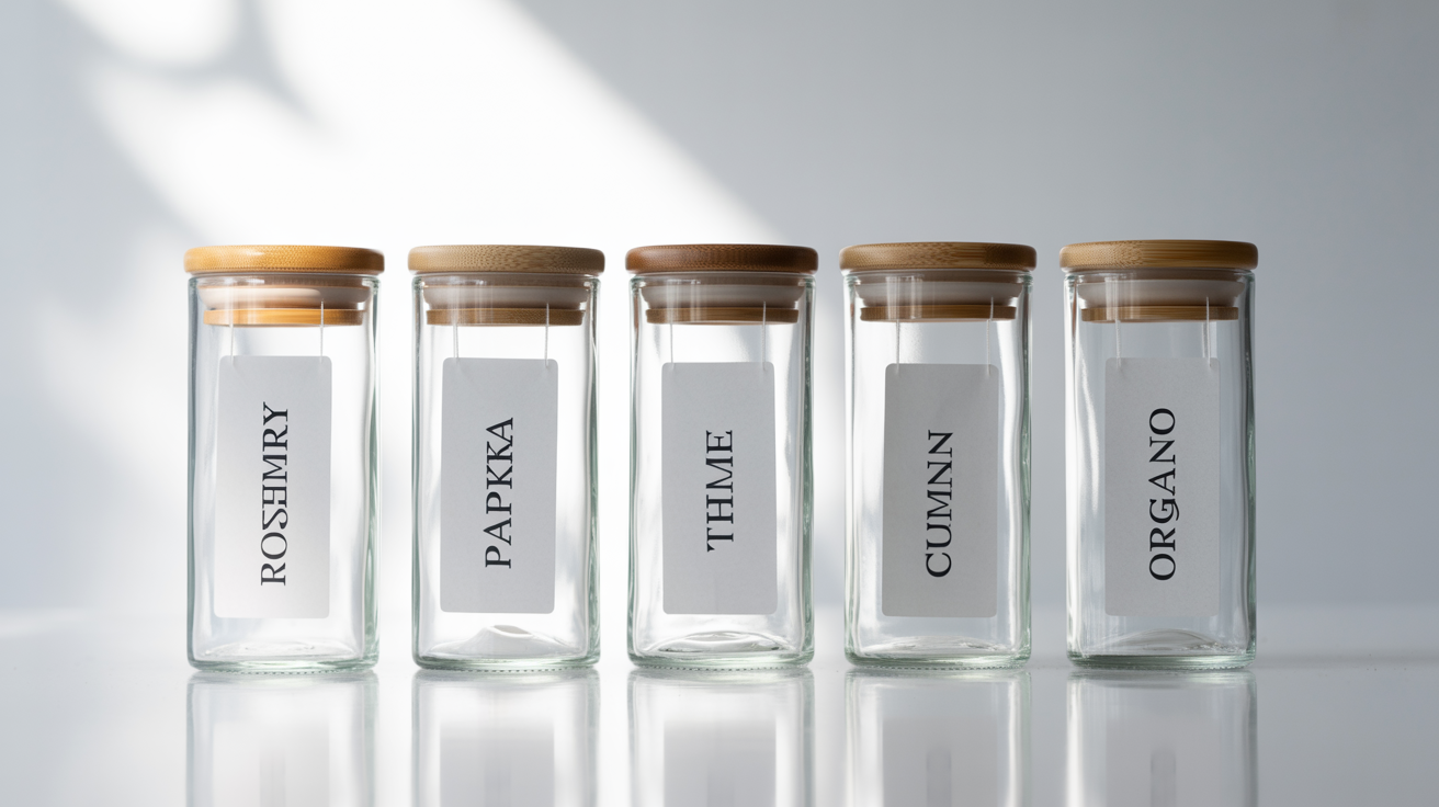 A photorealistic mockup of several uniform glass spice jars with bamboo lids, neatly arranged against a white background. Each jar has a clean, modern white label with the name of a spice, such as 'ROSEMARY' and 'PAPRIKA'.