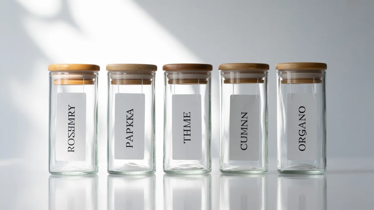 A photorealistic mockup of several uniform glass spice jars with bamboo lids, neatly arranged against a white background. Each jar has a clean, modern white label with the name of a spice, such as 'ROSEMARY' and 'PAPRIKA'.
