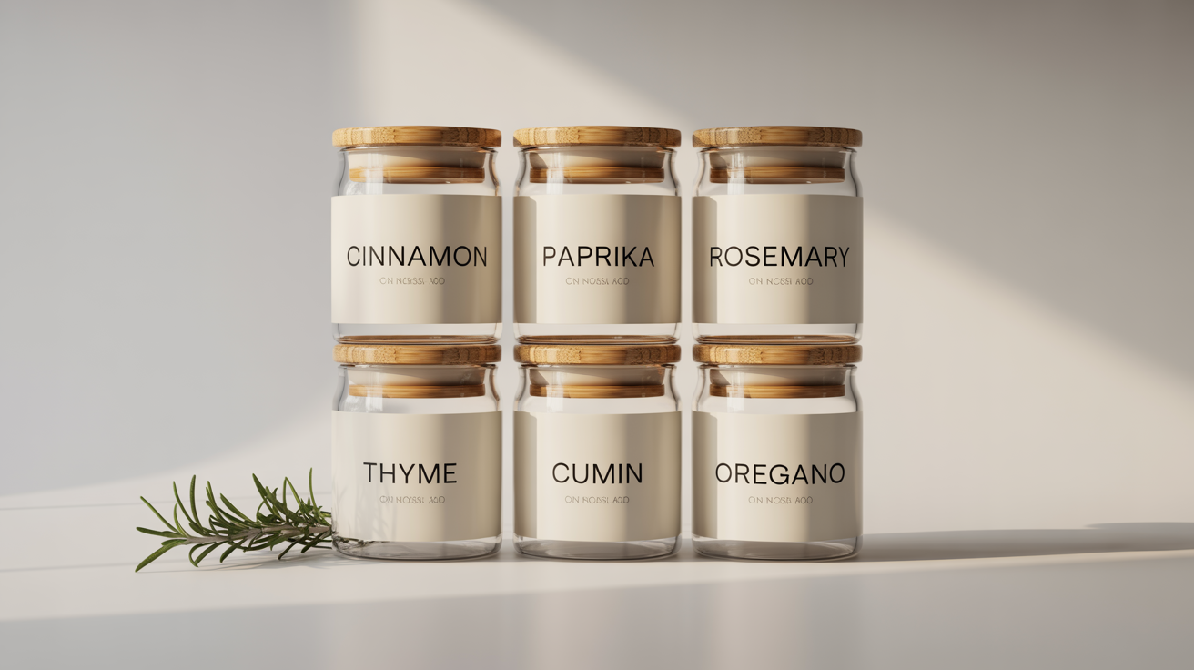 An organized set of six glass spice jars with bamboo lids on a white background, each with a modern white label displaying a spice name like 'Cinnamon' and 'Paprika'.