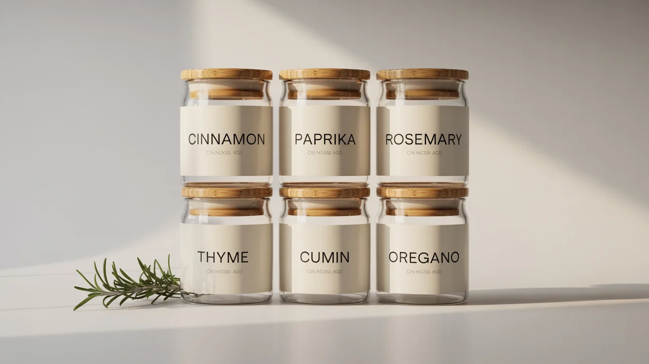 An organized set of six glass spice jars with bamboo lids on a white background, each with a modern white label displaying a spice name like 'Cinnamon' and 'Paprika'.