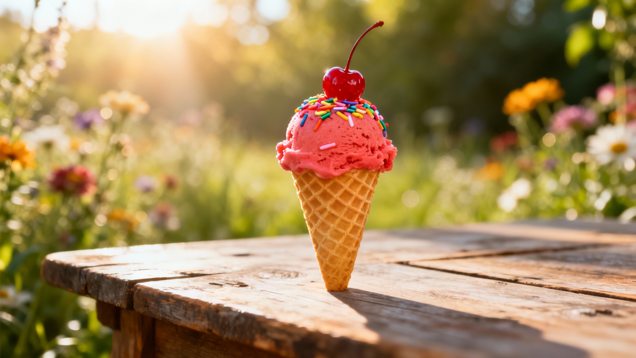 A professional, final photograph of a scoop of vibrant pink ice cream in a waffle cone, topped with sprinkles and a cherry. The shot is beautifully lit and set against a soft-focus floral background, representing a perfect final result from a photoshoot.