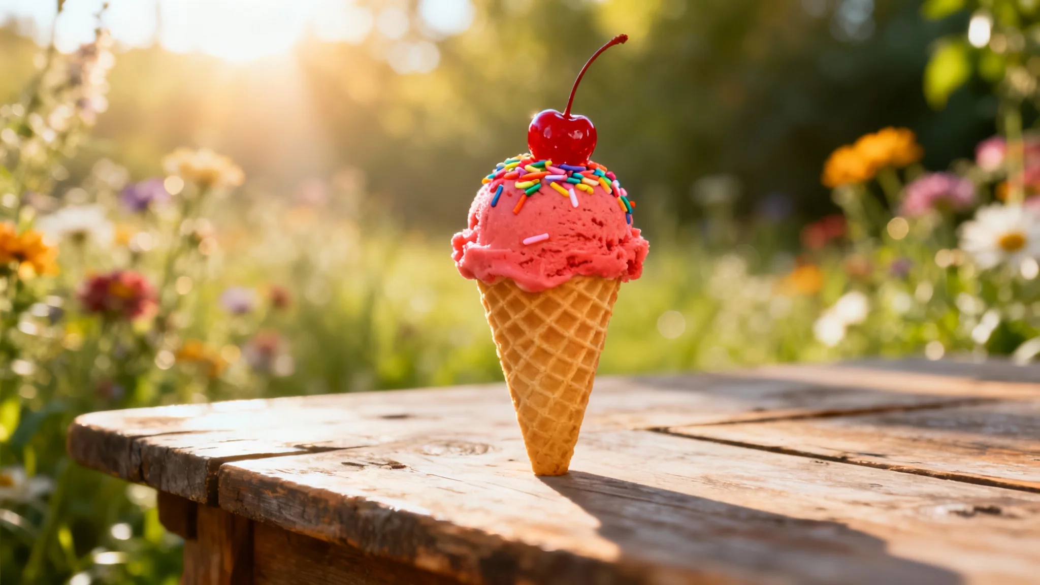 A professional, final photograph of a scoop of vibrant pink ice cream in a waffle cone, topped with sprinkles and a cherry. The shot is beautifully lit and set against a soft-focus floral background, representing a perfect final result from a photoshoot.