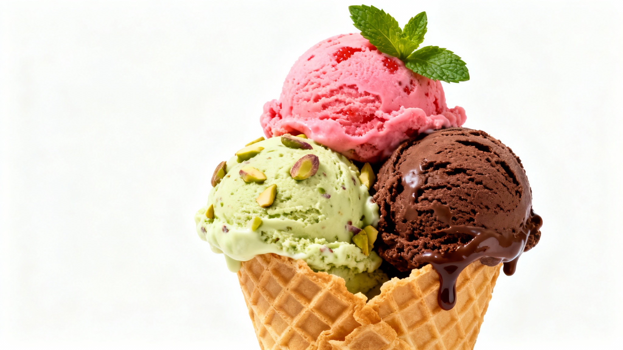 A professional studio photograph of a three-scoop ice cream cone on a white background, showcasing strawberry, pistachio, and chocolate flavors with realistic textures and garnishes.