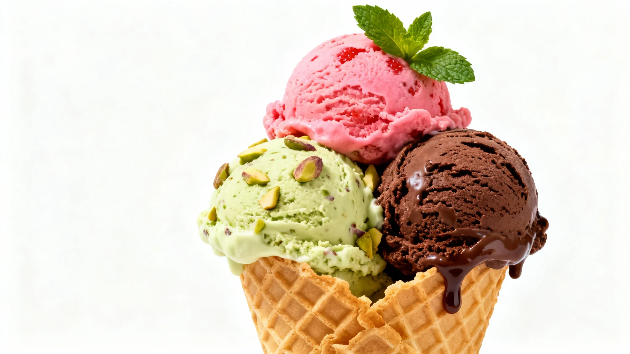 A professional studio photograph of a three-scoop ice cream cone on a white background, showcasing strawberry, pistachio, and chocolate flavors with realistic textures and garnishes.