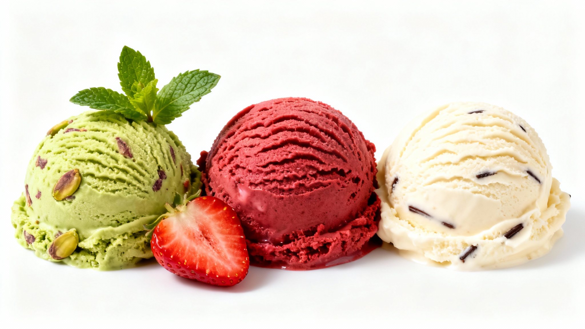 A professional food photograph showing three perfect scoops of pistachio, strawberry, and vanilla ice cream arranged elegantly on a clean white background.
